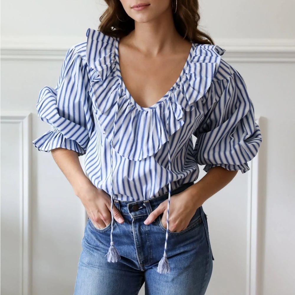 MILLE Resort & Travel May Top Stripe Ruffle Smocked Sleeve Blouse